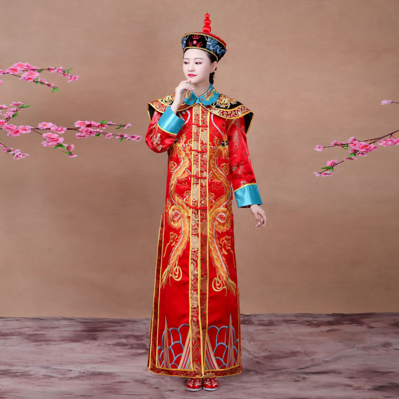 Costum de palat din dinastia Qing pentru scenă – Împărat și Împărăteasă, robe cu dragon și Phoenix, Hanfu unisex pentru scenă, satin poliester, primăvară 2023