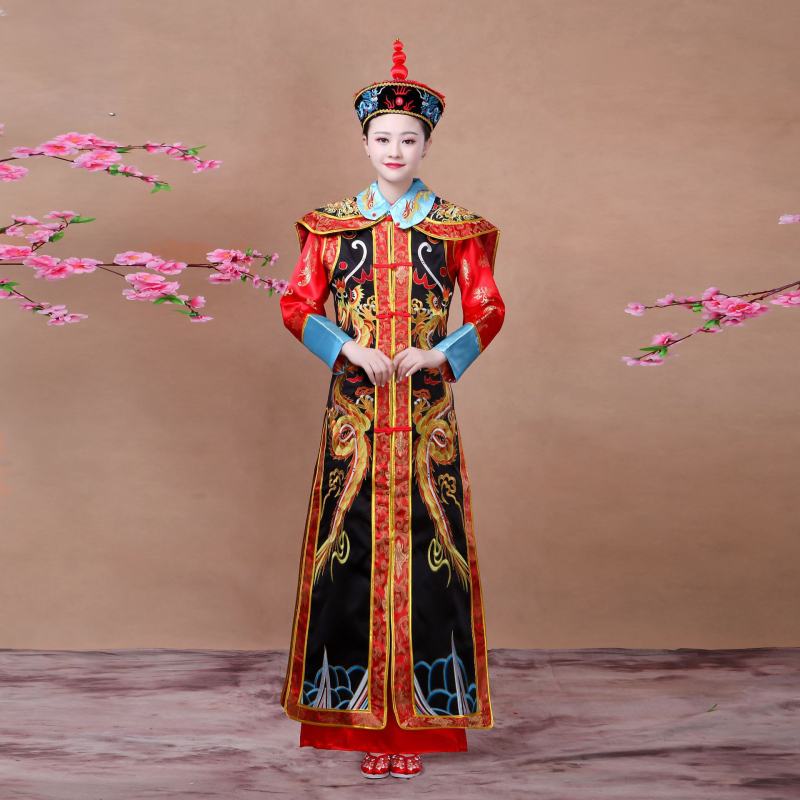 Costum de palat din dinastia Qing pentru scenă – Împărat și Împărăteasă, robe cu dragon și Phoenix, Hanfu unisex pentru scenă, satin poliester, primăvară 2023