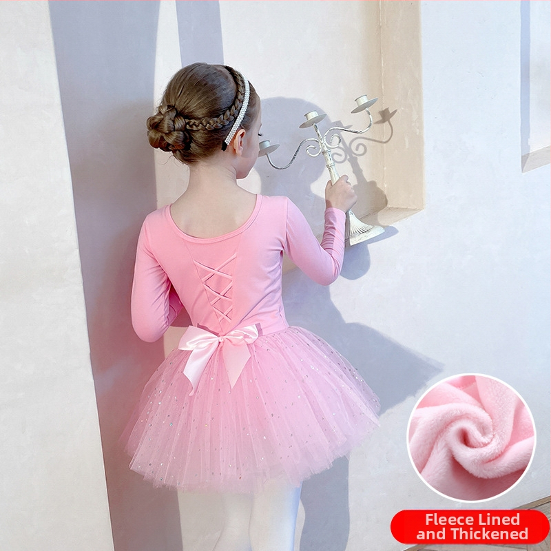 Rochie de balet pentru copii, stil coreean, din bumbac, mâneci lungi, fustă tutu cu paiete din plasă, pentru copii 3–8 ani