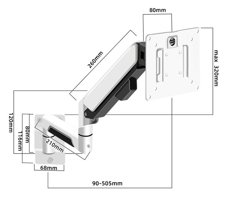 Ipari szintű univerzális falra szerelhető monitorkar teleszkópos hosszabbítással, teherbírás 5–10 kg