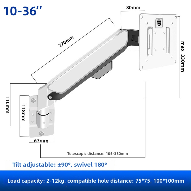 Ipari szintű univerzális falra szerelhető monitorkar teleszkópos hosszabbítással, teherbírás 5–10 kg