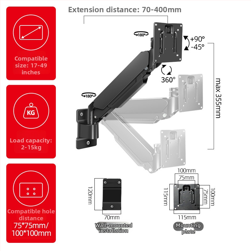 Ipari szintű univerzális falra szerelhető monitorkar teleszkópos hosszabbítással, teherbírás 5–10 kg