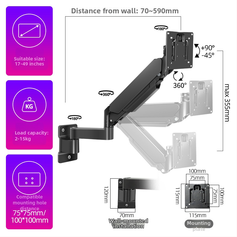 Ipari szintű univerzális falra szerelhető monitorkar teleszkópos hosszabbítással, teherbírás 5–10 kg