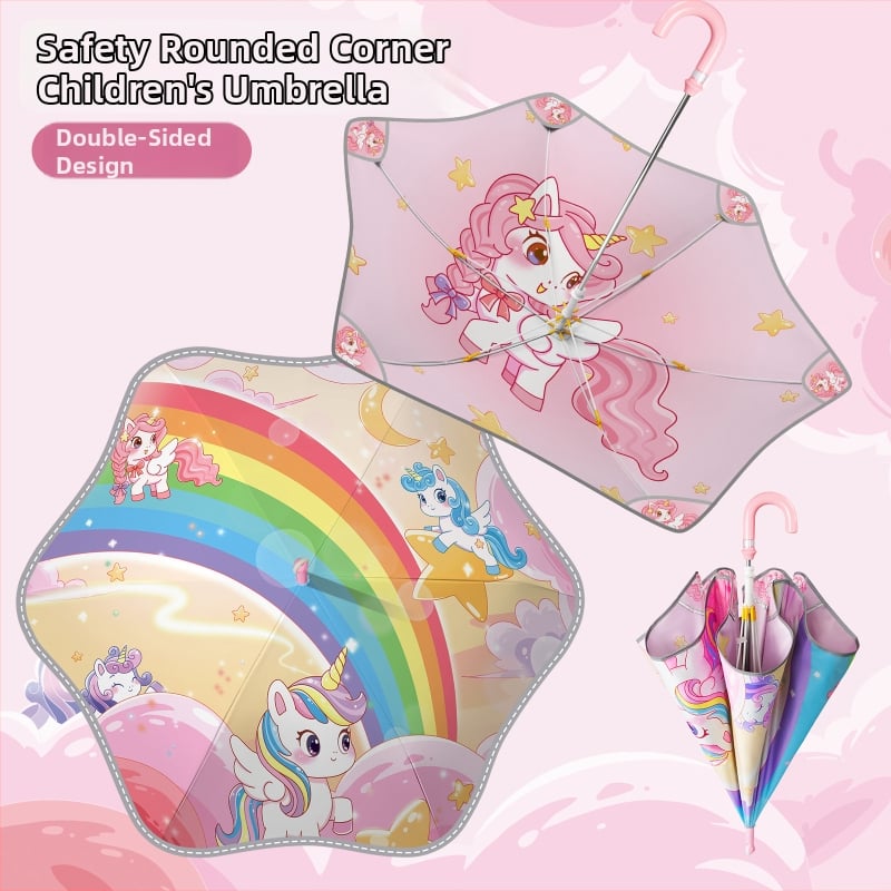 Παιδική ομπρέλα με διπλό κάλυμμα, χαριτωμένος σχεδιασμός με κινούμενα σχέδια, μακριά λαβή, χειροκίνητο άνοιγμα, μεταλλικός σκελετός με 6 ραβδώσεις, δυνατότητα λογότυπου
