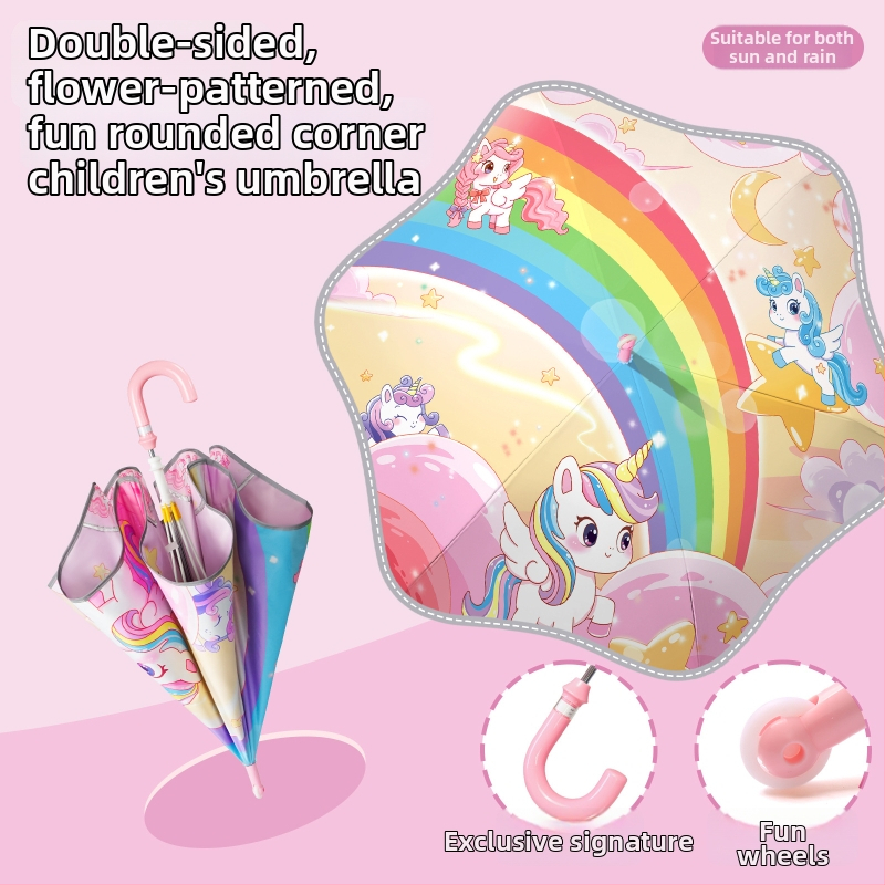 Παιδική ομπρέλα με διπλό κάλυμμα, χαριτωμένος σχεδιασμός με κινούμενα σχέδια, μακριά λαβή, χειροκίνητο άνοιγμα, μεταλλικός σκελετός με 6 ραβδώσεις, δυνατότητα λογότυπου