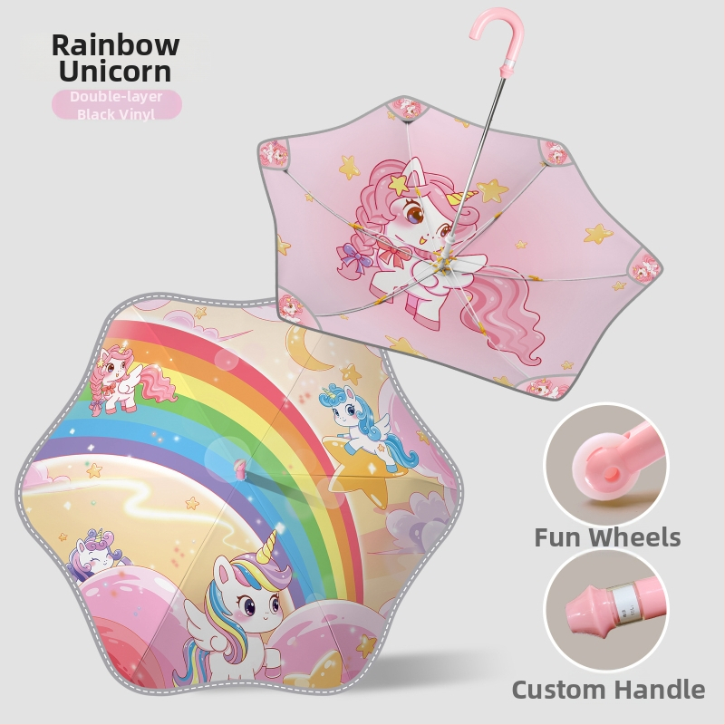 Παιδική ομπρέλα με διπλό κάλυμμα, χαριτωμένος σχεδιασμός με κινούμενα σχέδια, μακριά λαβή, χειροκίνητο άνοιγμα, μεταλλικός σκελετός με 6 ραβδώσεις, δυνατότητα λογότυπου