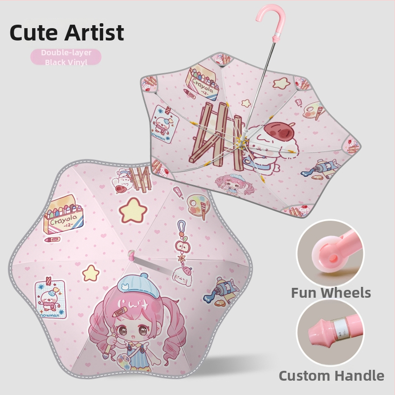 Παιδική ομπρέλα με διπλό κάλυμμα, χαριτωμένος σχεδιασμός με κινούμενα σχέδια, μακριά λαβή, χειροκίνητο άνοιγμα, μεταλλικός σκελετός με 6 ραβδώσεις, δυνατότητα λογότυπου