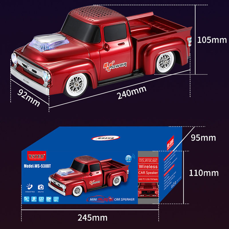WSTER Retro Bluetooth vanjski zvučnik – tema kamion pickup, ugrađena baterija, 6W, Bluetooth 5.3, 20Hz-20kHz, domet 10 m, hands-free pozivi