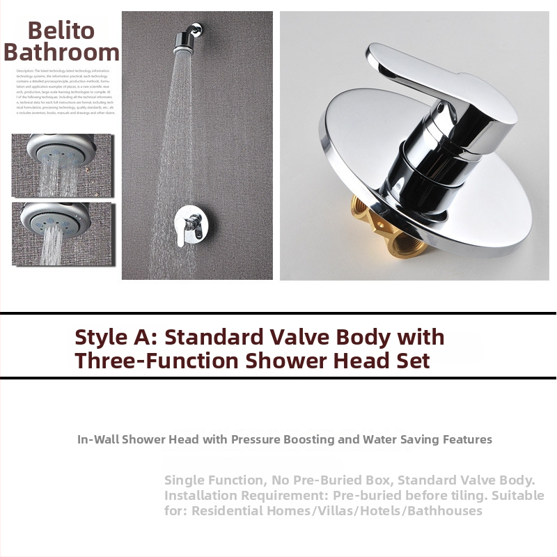 Κρυφό εντοιχισμένο σύστημα ντους με σώμα από χαλκό, εγκατάσταση σε τοίχο, βαλβίδα ανάμειξης ζεστού/κρύου, ακροφύσιο εξοικονόμησης νερού, μοντέλο 001