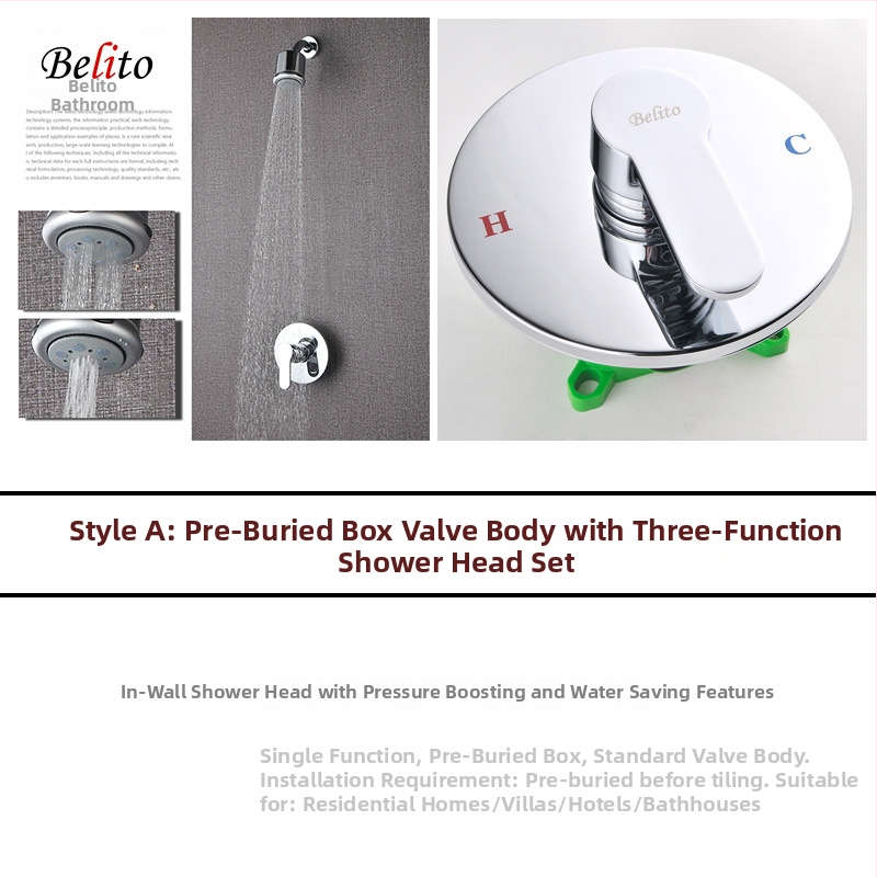 Κρυφό εντοιχισμένο σύστημα ντους με σώμα από χαλκό, εγκατάσταση σε τοίχο, βαλβίδα ανάμειξης ζεστού/κρύου, ακροφύσιο εξοικονόμησης νερού, μοντέλο 001