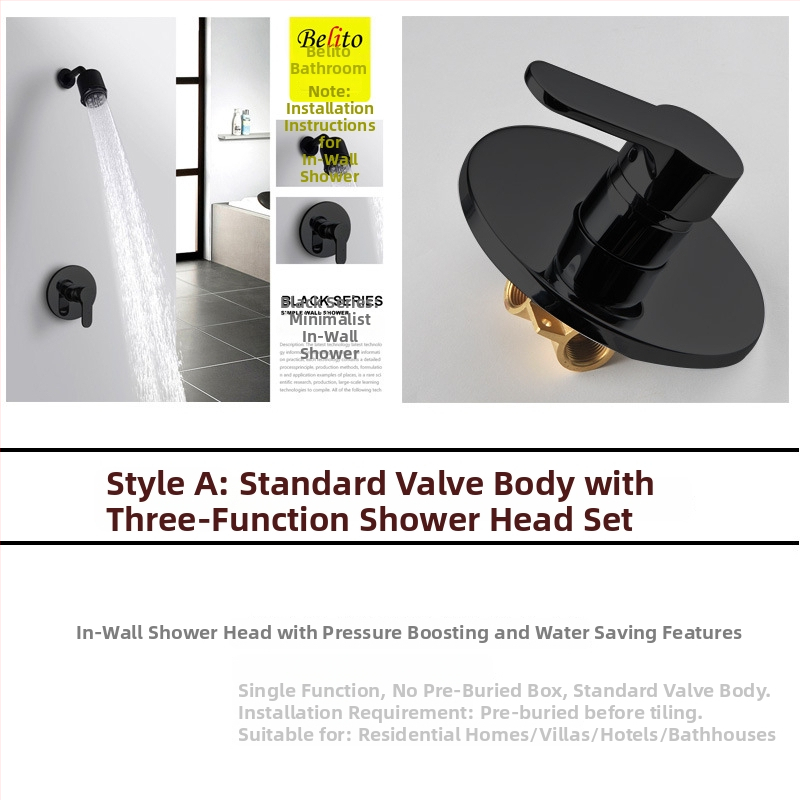 Κρυφό εντοιχισμένο σύστημα ντους με σώμα από χαλκό, εγκατάσταση σε τοίχο, βαλβίδα ανάμειξης ζεστού/κρύου, ακροφύσιο εξοικονόμησης νερού, μοντέλο 001