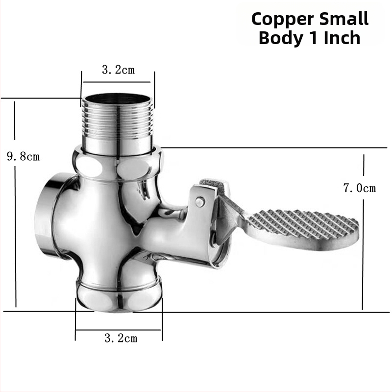 Meďová pedálová splachovacia ventila pre záchod na sedenie – oneskorená ventila, výstup 1 palec, čas splachovania 4–7 s, moderný štýl