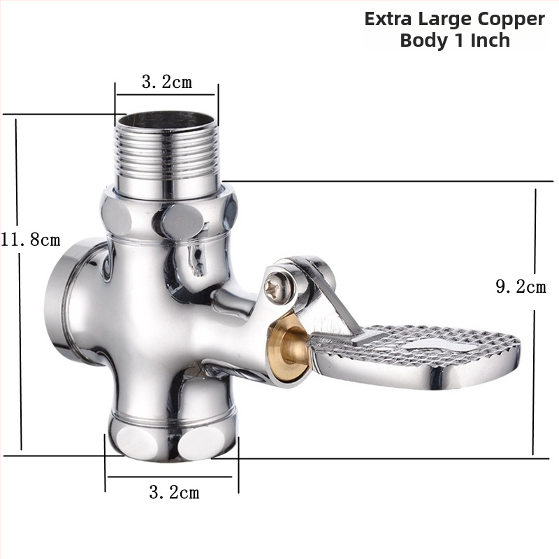 Meďová pedálová splachovacia ventila pre záchod na sedenie – oneskorená ventila, výstup 1 palec, čas splachovania 4–7 s, moderný štýl