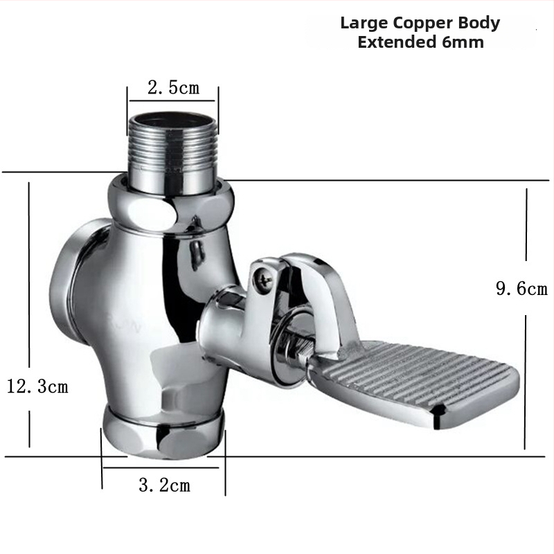 Meďová pedálová splachovacia ventila pre záchod na sedenie – oneskorená ventila, výstup 1 palec, čas splachovania 4–7 s, moderný štýl