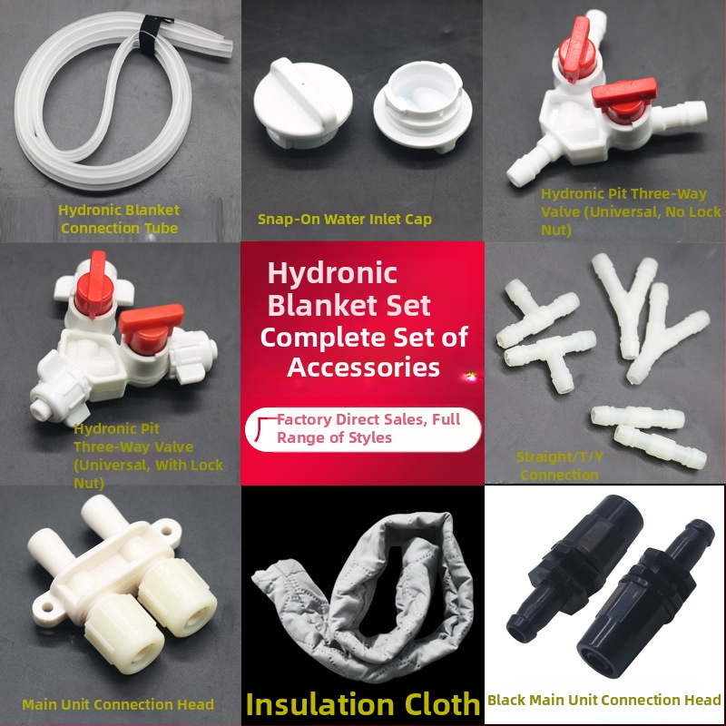 Vízmelegítő takaróhoz tartozó kiegészítők: főegység csőcsatlakozó szigetelő hüvely, háromutas szelep, vízmelegítő csatlakozó, vízfeltöltő sapka (SNTPJ, 10–20 m², Haishengda)