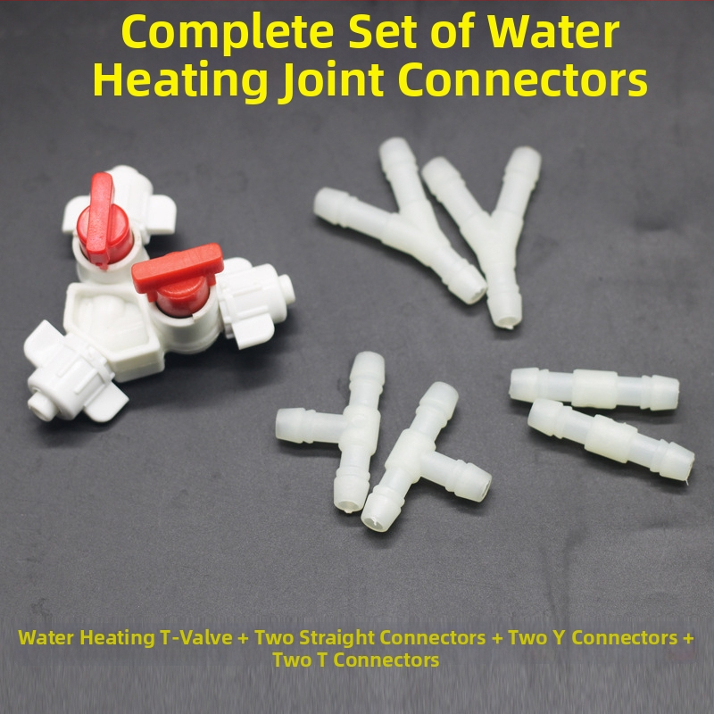 Vízmelegítő takaróhoz tartozó kiegészítők: főegység csőcsatlakozó szigetelő hüvely, háromutas szelep, vízmelegítő csatlakozó, vízfeltöltő sapka (SNTPJ, 10–20 m², Haishengda)