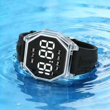 Uniszex LED digitális óra, 10 m vízálló, elektronikus mozgás, gyémánt alakú számlap, műanyag tokkal
