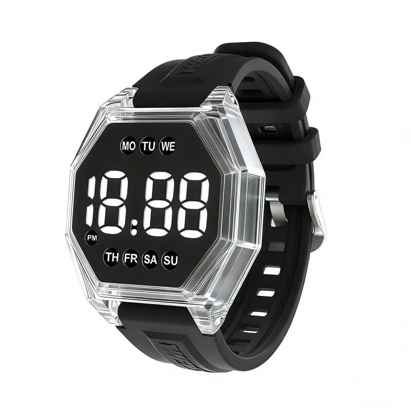 Uniszex LED digitális óra, 10 m vízálló, elektronikus mozgás, gyémánt alakú számlap, műanyag tokkal