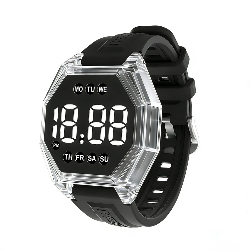 Uniszex LED digitális óra, 10 m vízálló, elektronikus mozgás, gyémánt alakú számlap, műanyag tokkal