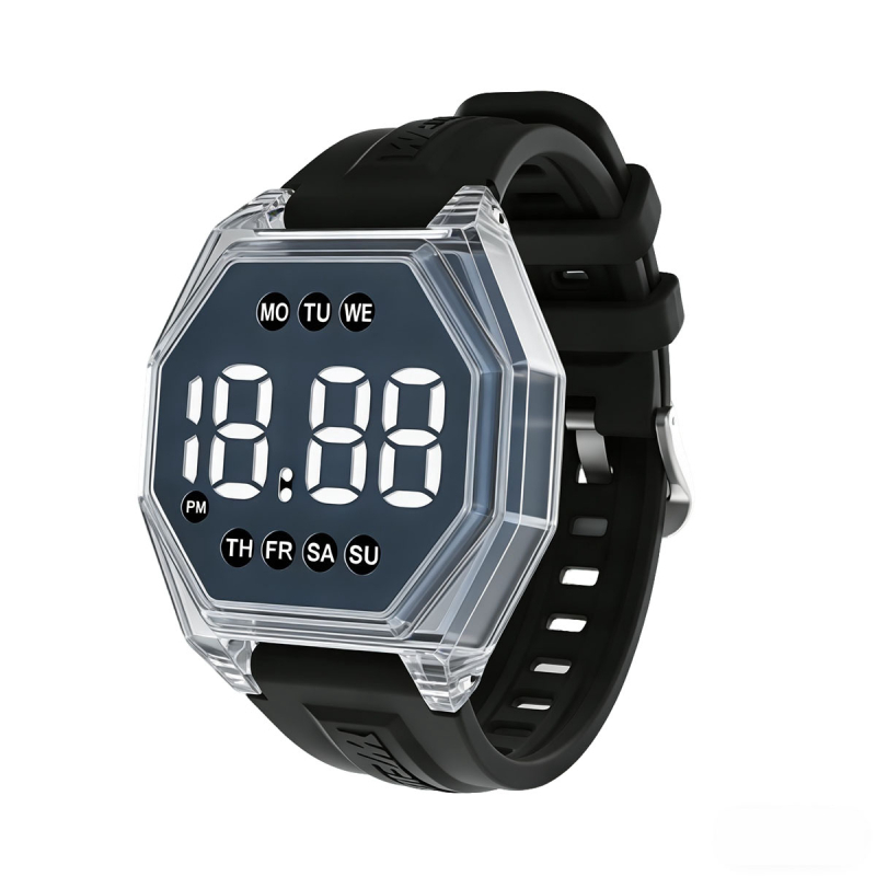 Uniszex LED digitális óra, 10 m vízálló, elektronikus mozgás, gyémánt alakú számlap, műanyag tokkal