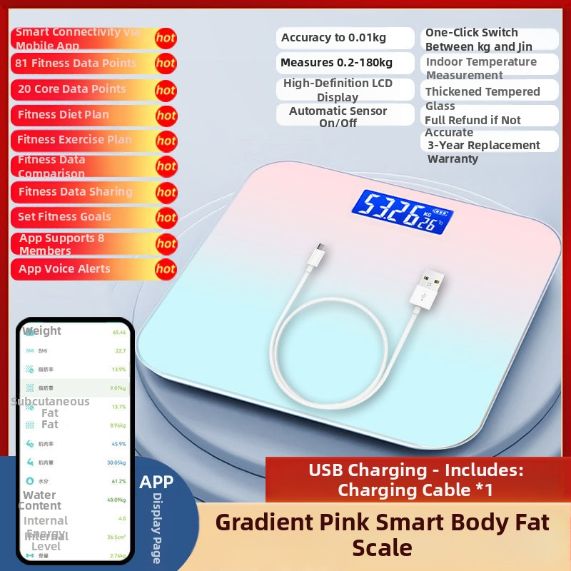 Cântar corporal pentru măsurarea grăsimii, încărcare USB, capacitate 180 kg, brand SUZI, pentru adulți