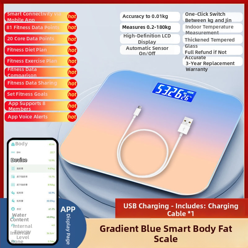 Cântar corporal pentru măsurarea grăsimii, încărcare USB, capacitate 180 kg, brand SUZI, pentru adulți