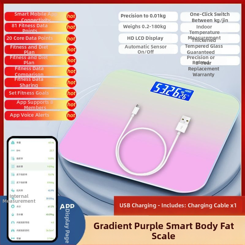 Cântar corporal pentru măsurarea grăsimii, încărcare USB, capacitate 180 kg, brand SUZI, pentru adulți