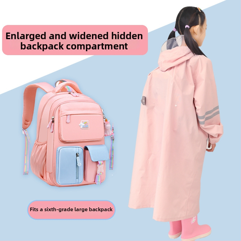 Detský dažďový kabát-pončo v štýle internátu, s školským batohom, s veľkým okrajom klobúka, Chun yafang látka, TPU lepidlová vrstva, opakovane použiteľný, 400 g