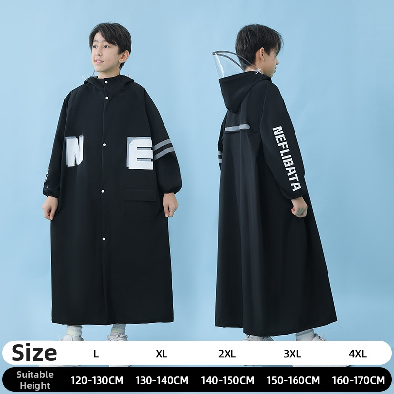 Detský dažďový kabát-pončo v štýle internátu, s školským batohom, s veľkým okrajom klobúka, Chun yafang látka, TPU lepidlová vrstva, opakovane použiteľný, 400 g