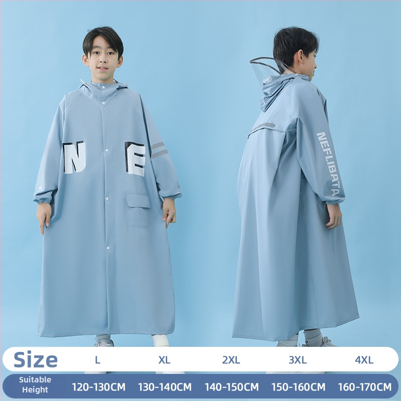 Detský dažďový kabát-pončo v štýle internátu, s školským batohom, s veľkým okrajom klobúka, Chun yafang látka, TPU lepidlová vrstva, opakovane použiteľný, 400 g
