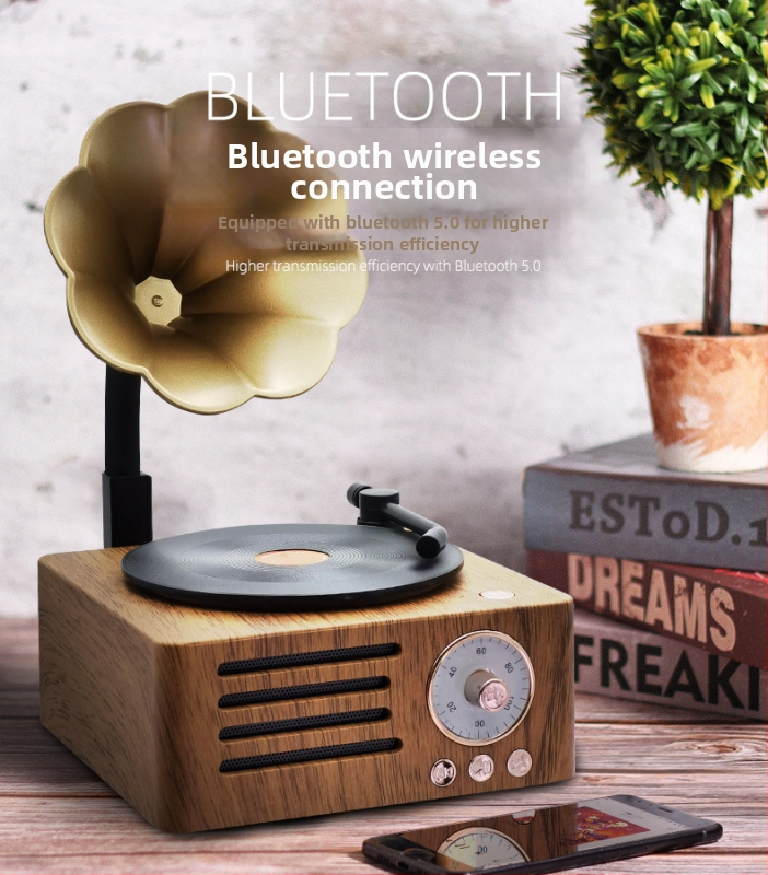 Bluetooth zvučnik s dizajnom retro gramofona, model T15, 5 W, ugrađena baterija 1200–2000 mAh, Bluetooth 5.0, frekvencijski raspon 100 Hz–20 kHz, SNR ≥70 dB