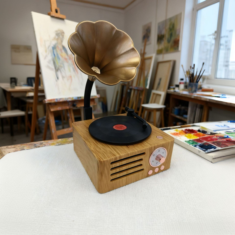 Bluetooth zvučnik s dizajnom retro gramofona, model T15, 5 W, ugrađena baterija 1200–2000 mAh, Bluetooth 5.0, frekvencijski raspon 100 Hz–20 kHz, SNR ≥70 dB