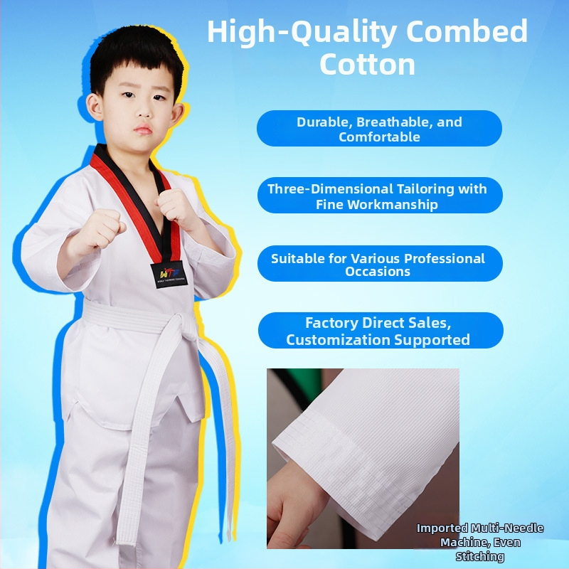 Uniformă Taekwondo pentru copii și adulți, cu mâneci lungi și scurte, culoare solidă, exterior din bumbac-amestec 65%, căptușeală din bumbac