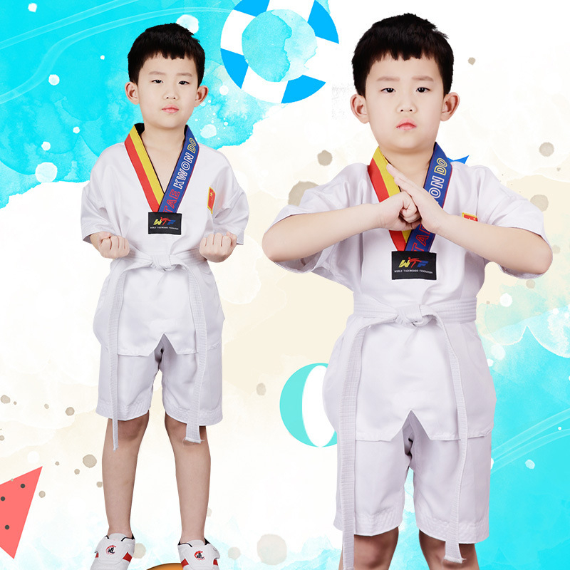 Uniformă Taekwondo pentru copii și adulți, cu mâneci lungi și scurte, culoare solidă, exterior din bumbac-amestec 65%, căptușeală din bumbac
