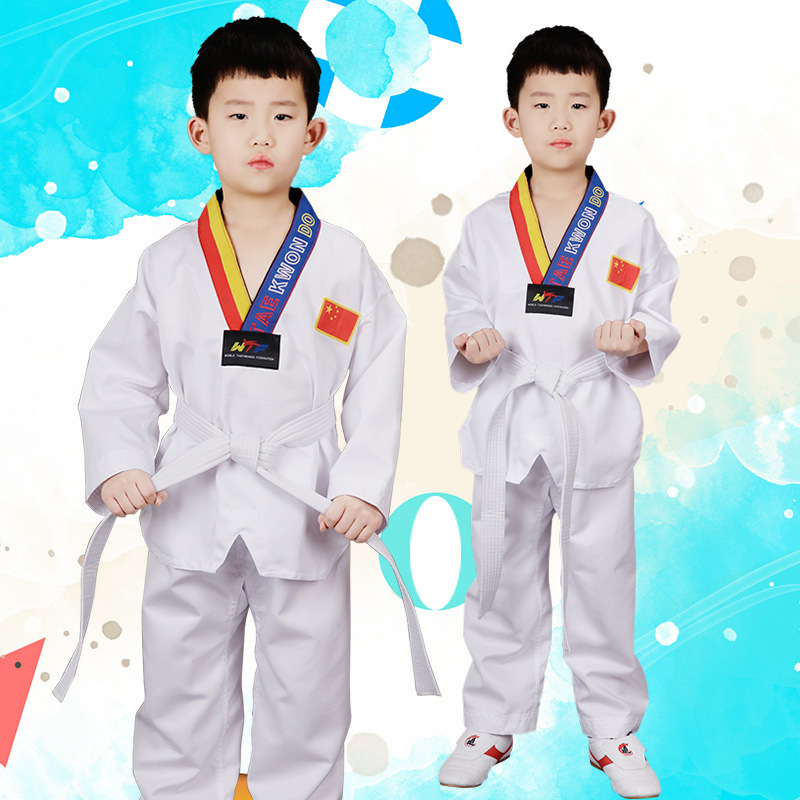 Uniformă Taekwondo pentru copii și adulți, cu mâneci lungi și scurte, culoare solidă, exterior din bumbac-amestec 65%, căptușeală din bumbac