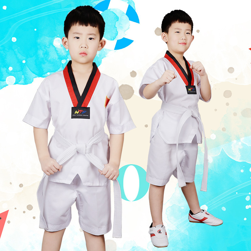 Uniformă Taekwondo pentru copii și adulți, cu mâneci lungi și scurte, culoare solidă, exterior din bumbac-amestec 65%, căptușeală din bumbac