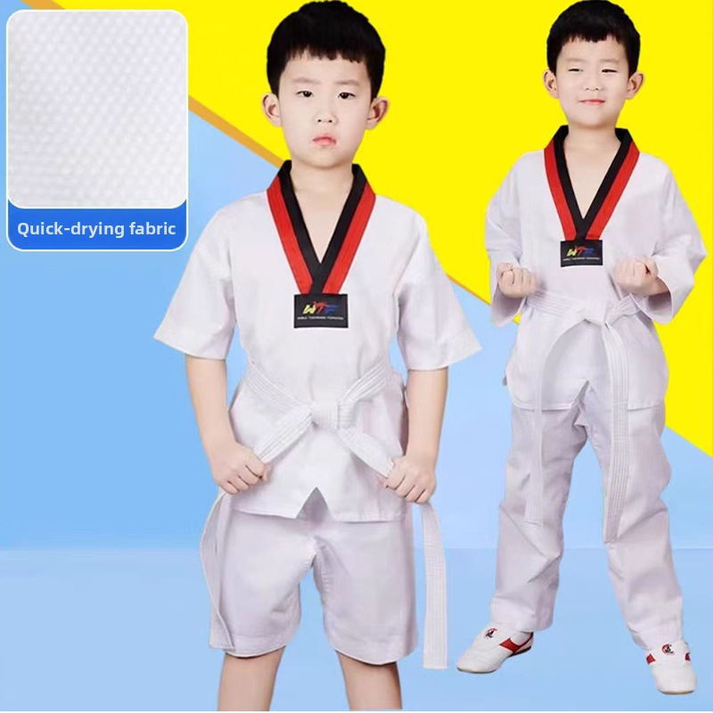 Uniformă Taekwondo pentru copii și adulți, cu mâneci lungi și scurte, culoare solidă, exterior din bumbac-amestec 65%, căptușeală din bumbac