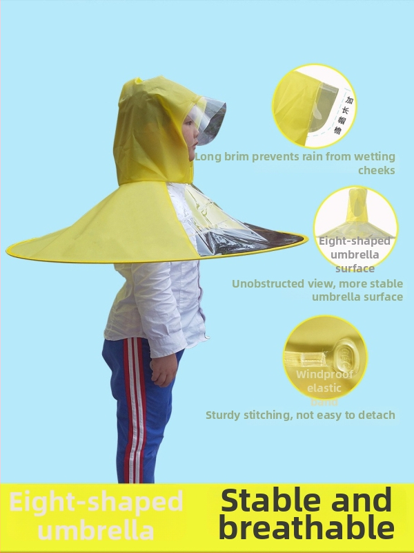 Παιδική ομπρέλα-καπέλο: ελαφριά, διαφανής αναδιπλούμενη κατασκευή, αλουμινένιος σκελετός και ράβδοι, 170T βινύλιο ύφασμα, συσκευασία 31x33x0,8 εκ, ακαθάριστο βάρος 200 g