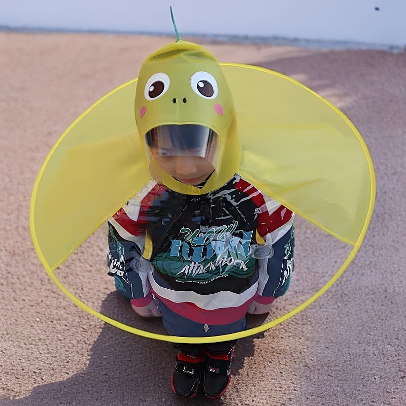 Παιδική ομπρέλα-καπέλο: ελαφριά, διαφανής αναδιπλούμενη κατασκευή, αλουμινένιος σκελετός και ράβδοι, 170T βινύλιο ύφασμα, συσκευασία 31x33x0,8 εκ, ακαθάριστο βάρος 200 g