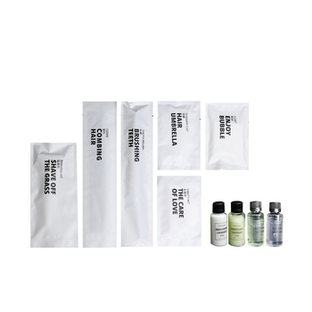 Комплект еднократни хигиенни принадлежности за хотелски стаи, PS пластмаса, биоразградим, печат на лого, персонализация