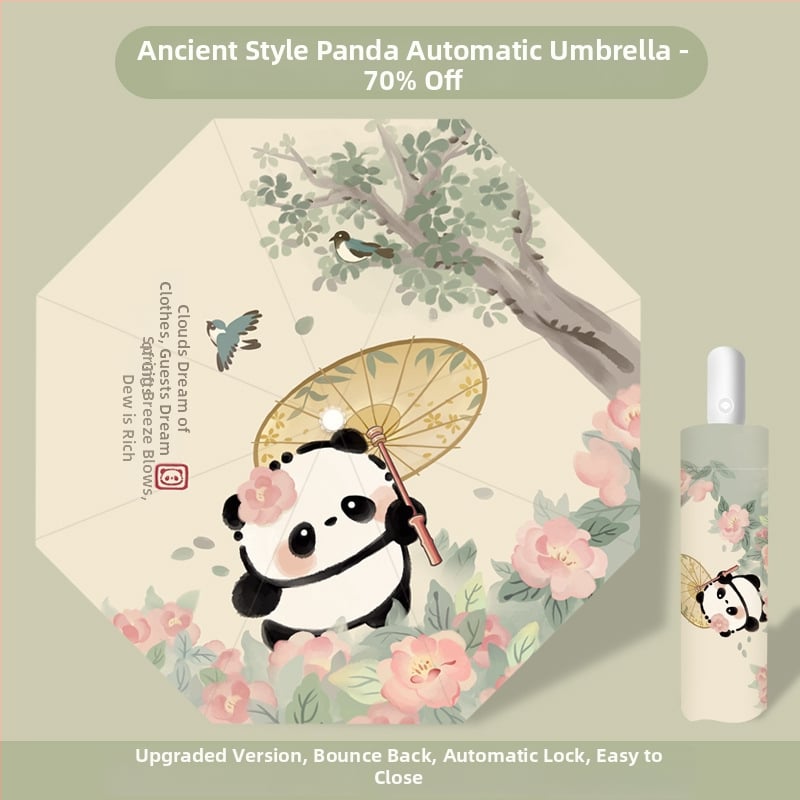 Πτυσσόμενη παιδική ομπρέλα με σχέδιο Panda, χειροκίνητο άνοιγμα/κλείσιμο, σκελετός 12 ραβδων, λαβή αλουμινίου