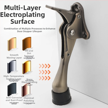 Pozicionér dverí zo zliatiny zinku s ručným pružinovým pedálom, gumový horný obmedzovač, montovaný na dverách, leštený a elektrolyticky potiahnutý povrch