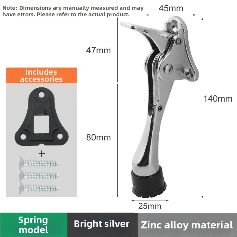 Pozicionér dverí zo zliatiny zinku s ručným pružinovým pedálom, gumový horný obmedzovač, montovaný na dverách, leštený a elektrolyticky potiahnutý povrch