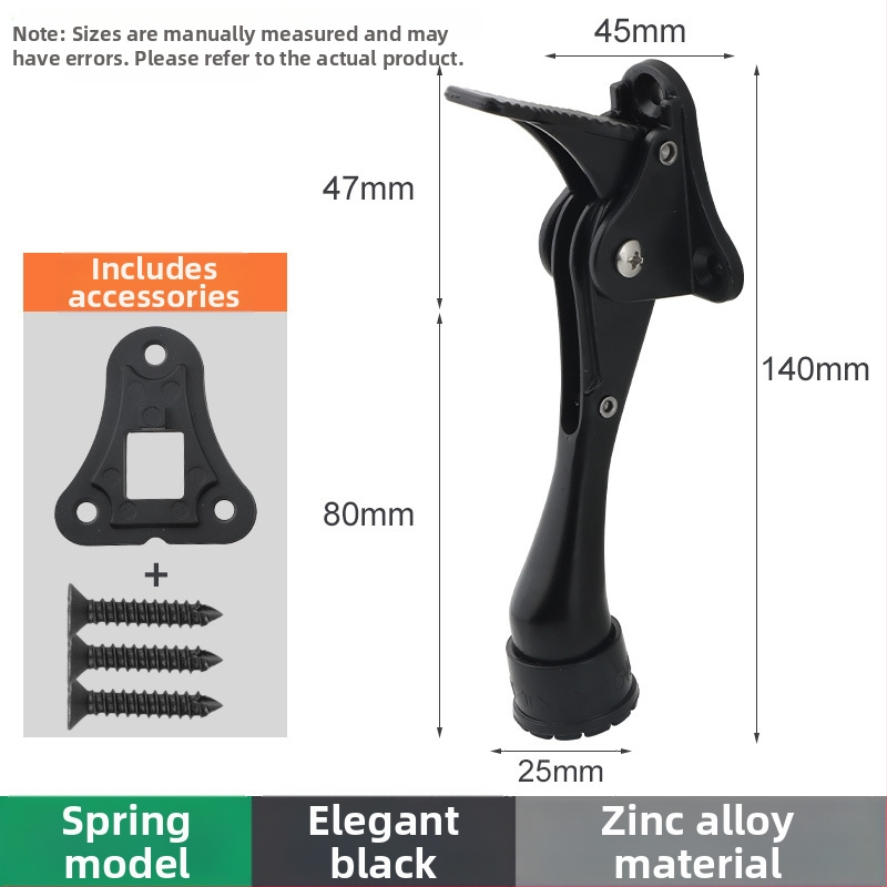 Pozicionér dverí zo zliatiny zinku s ručným pružinovým pedálom, gumový horný obmedzovač, montovaný na dverách, leštený a elektrolyticky potiahnutý povrch