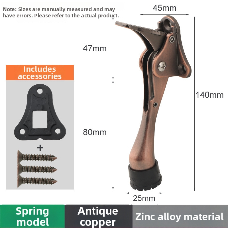 Pozicionér dverí zo zliatiny zinku s ručným pružinovým pedálom, gumový horný obmedzovač, montovaný na dverách, leštený a elektrolyticky potiahnutý povrch