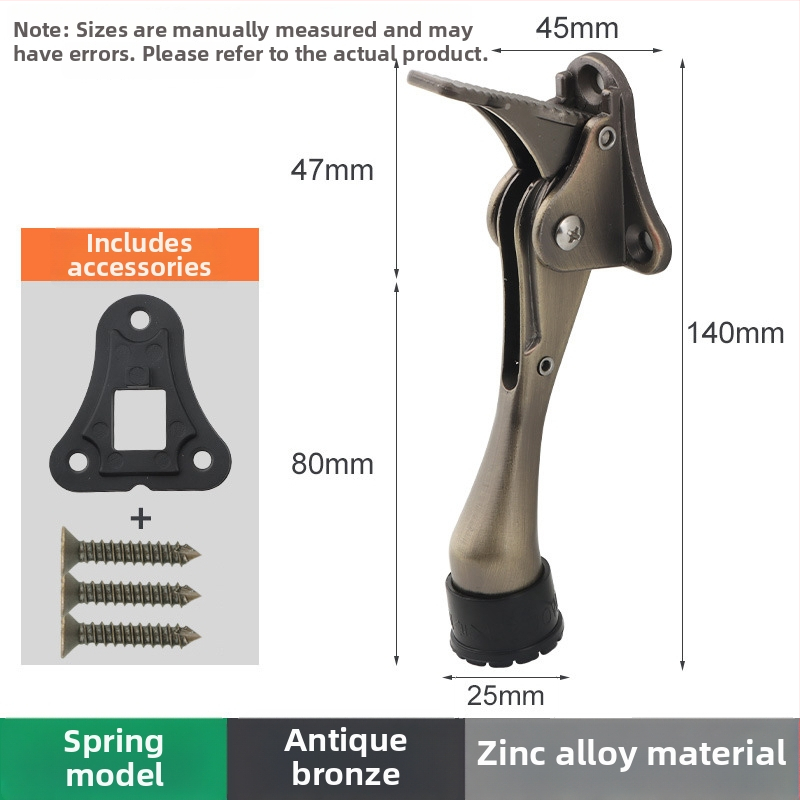 Pozicionér dverí zo zliatiny zinku s ručným pružinovým pedálom, gumový horný obmedzovač, montovaný na dverách, leštený a elektrolyticky potiahnutý povrch