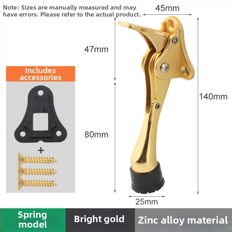 Pozicionér dverí zo zliatiny zinku s ručným pružinovým pedálom, gumový horný obmedzovač, montovaný na dverách, leštený a elektrolyticky potiahnutý povrch