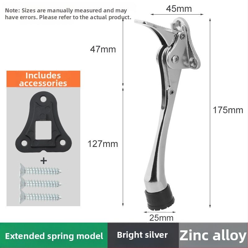 Pozicionér dverí zo zliatiny zinku s ručným pružinovým pedálom, gumový horný obmedzovač, montovaný na dverách, leštený a elektrolyticky potiahnutý povrch
