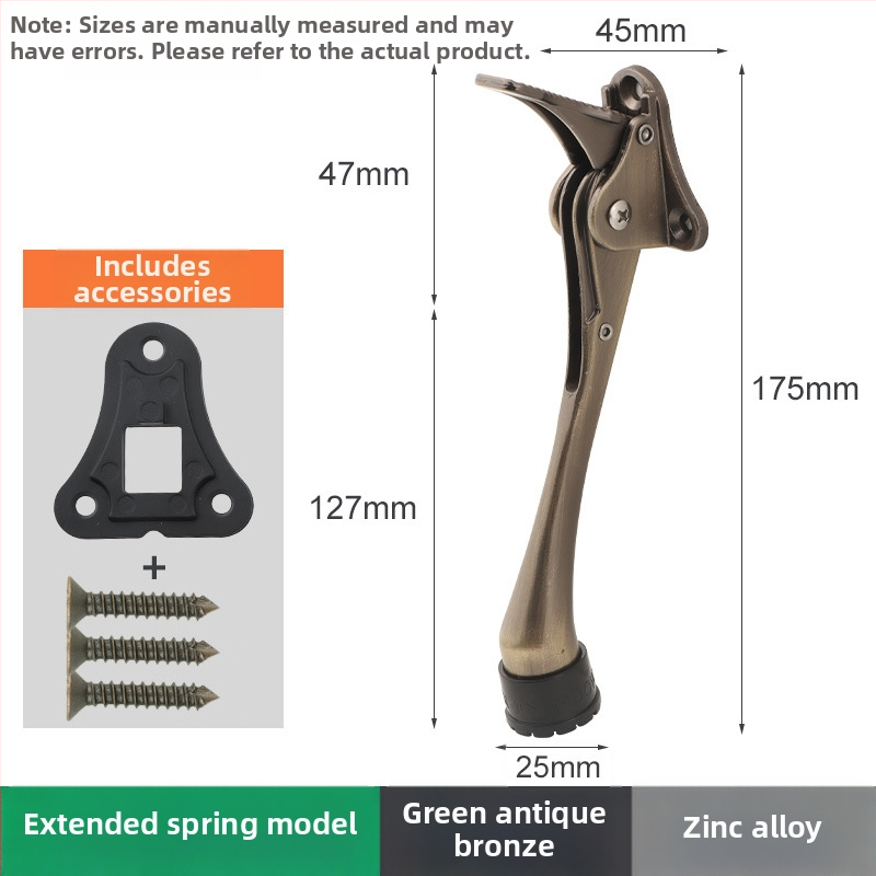 Pozicionér dverí zo zliatiny zinku s ručným pružinovým pedálom, gumový horný obmedzovač, montovaný na dverách, leštený a elektrolyticky potiahnutý povrch