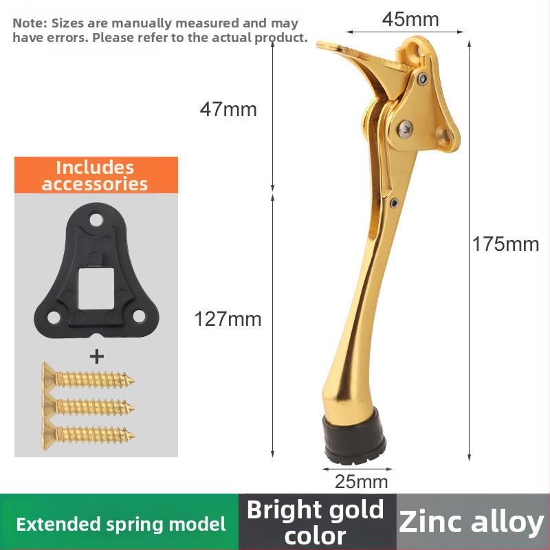 Pozicionér dverí zo zliatiny zinku s ručným pružinovým pedálom, gumový horný obmedzovač, montovaný na dverách, leštený a elektrolyticky potiahnutý povrch